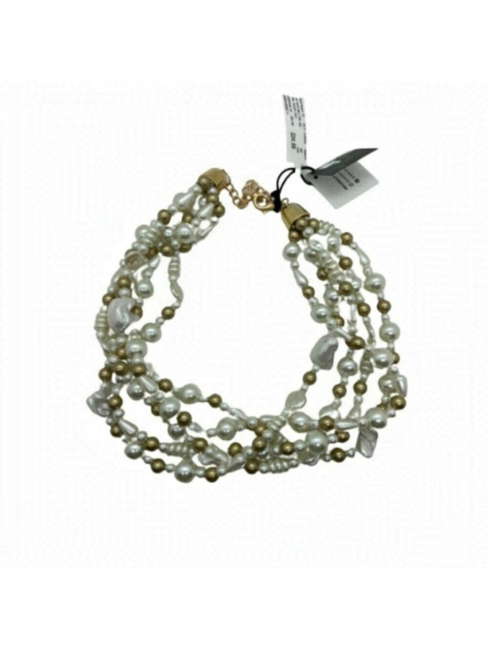 Mixed Pearls & Shells Multi Strand Necklace in Gold and White